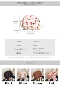 Size chart showing 20x18x8cm dimensions and strawberry print corduroy bag specifications
