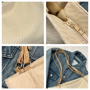 Detailed views of beige quilted tote bag showing stitching, lining, and gold hardware