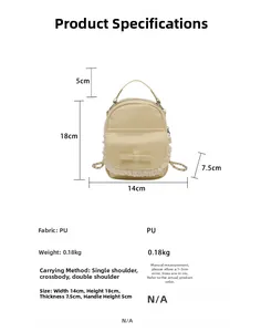 Size diagram of beige PU leather mini backpack with lace trim and bow details