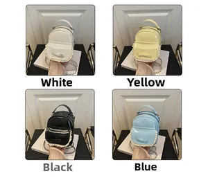 Detail of mini lace bow backpacks in four colors including white yellow black and blue