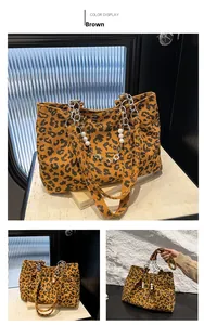 Detail of leopard print tote bag with corduroy texture and white pearl chain strap