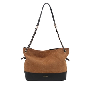 Retro brown suede tote bag with quilted diamond pattern and black leather base details