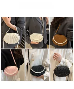 Collage of chic pearl handle shell bags worn in various styles by a fashion model