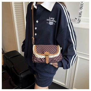 Detail of vintage polka dot crossbody bag with white lace trim and leather strap