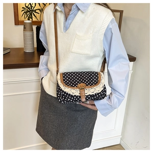 Close-up of retro polka dot canvas bag with lace trim and brown leather accents