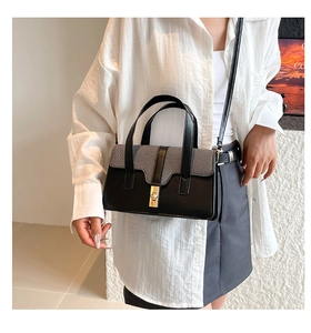 Détail d'un sac à main bicolore avec rabat à carreaux et boucle dorée sur l'épaule