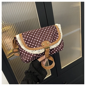 Close-up of retro brown polka dot canvas bag with white lace trim and leather strap
