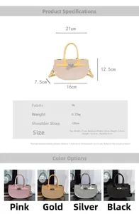 Detailed chart showing PU leather sequin handbag dimensions and four color options