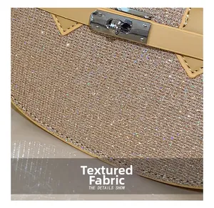 Close-up of glitter fabric texture and silver rotary buckle on this elegant Kelly bag