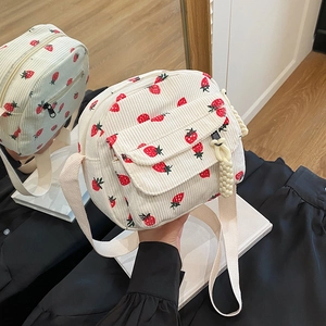 Corduroy Strawberry Print Crossbody Bag Mini Small Square Flap Pocket Adjustable Strap Sweet Style For Women Girls