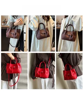 Collage of model showing woven texture tote bag in brown and red with crossbody strap