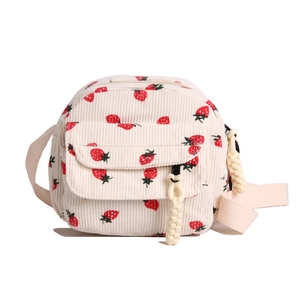 Minimalist corduroy crossbody bag with cute strawberry pattern and front flap pocket