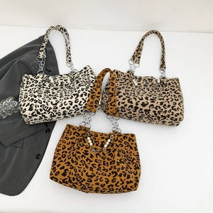 Leopard Print Corduroy Tote Bag For Women Retro Urban Style Large Capacity Shoulder Bag With Artificial Pearl Metal Chain