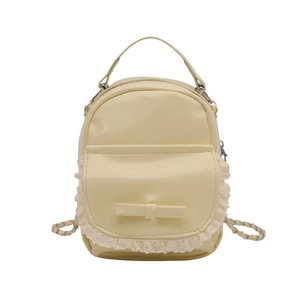 Mini cream PU leather backpack for women with lace trim and decorative 3D bow design