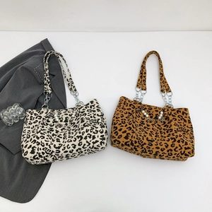 Leopard print corduroy tote bag with pearl chain detail in white and brown