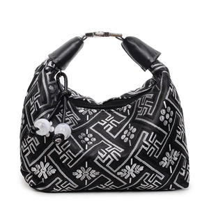 Elegant black handbag with silver floral embroidery and traditional Chinese patterns