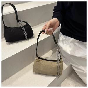 Nylon hobo bags in black and khaki with silver chain and leather straps for commuting
