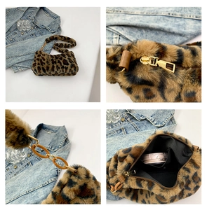 Detail view of leopard faux fur bag with amber chain strap and metal zipper hardware