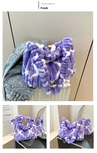 Detail view of a large purple and white striped plush tote bag in a casual setting