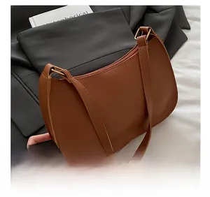 Detailed view of brown faux leather shoulder bag with zipper and dual strap design