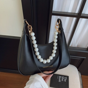 Women Fashion PU Leather Underarm Hobo Bag With Large Artificial Pearl Chain Decoration Crescent Shape Trendy Elegant Shoulder Bag