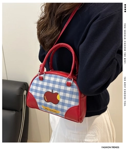Detail view of blue and white checkered apple bowling bag with red leather straps