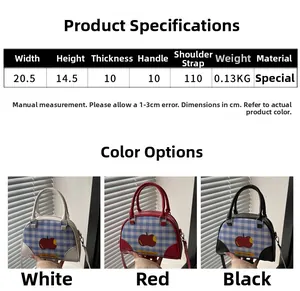 Detailed size chart and multi-color view of red apple plaid crossbody handbags
