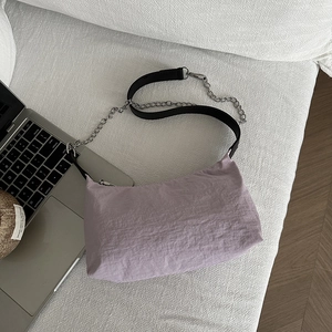 Pleated Nylon Hobo Bag For Women With Silver Metal Chain And Leather Strap Casual Simple Baguette Shoulder Bag