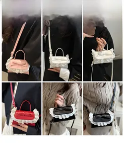 Lace bow mini handbag shown in pink, white, red, and black on models with strap