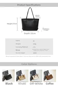 Detailed size chart and multi-color options for large capacity PU tote bags