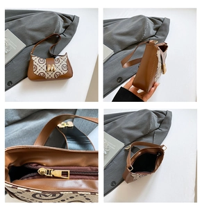 Detailed views of French retro baguette bag with monogram canvas and gold M buckle