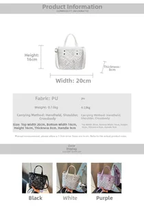 Detailed size guide and specifications for the PU leather bucket bag with geometric texture