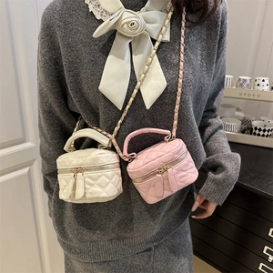 French style quilted mini box bag with chain strap in cream and light pink colors