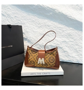 Detail of vintage baguette bag with brown letter print and gold M-shaped metal buckle