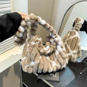 Plush Faux Fur Striped Shoulder Bag Winter Warm Large Capacity Tote With Bubble Strap