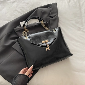 Women Glossy PU Leather Tote Bag Large Capacity Shoulder Handbag Fashion Chain Strap Elegant Deer Pendant Casual Travel