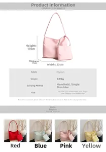 Detailed size chart showing nylon shoulder bag dimensions 23x19x11cm and four color options