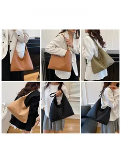 Collage of woven leather tote bags in four colors shown from multiple model perspectives