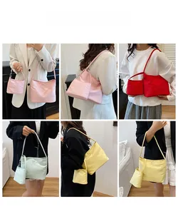 Collage of four stylish nylon bucket bags in pastel colors shown on models