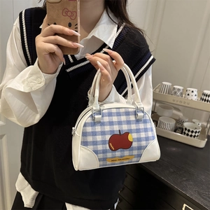 Blue and white plaid handbag with red apple embroidery and white leather trim