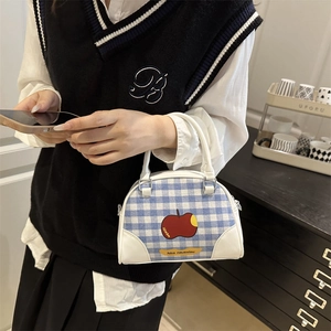 Blue and white checkered mini Boston bag with apple pattern and stylish top handles