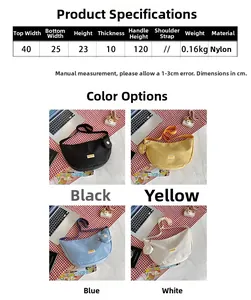 Detailed size guide and color options for the casual nylon crossbody bag with dimensions