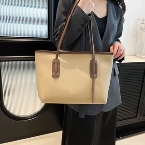 Minimalist beige tote bag with brown handles, large capacity shoulder bag for women