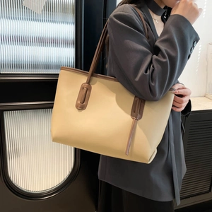 Minimalist cream tote bag with brown straps for women, large capacity shoulder bag for daily use