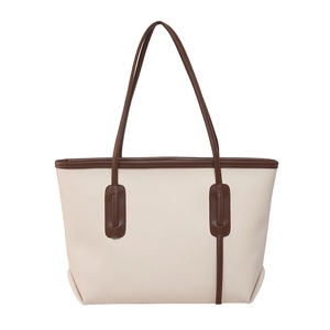 Large capacity contrast tote bag in cream white with brown handles for daily commuting