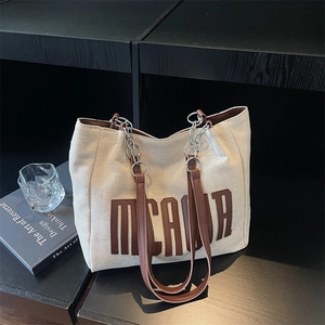 Tote Bag Canvas PU Leather Metal Chain Large Capacity Casual Vintage Letters Print Shoulder Handbag Women Daily
