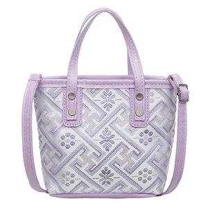 Ethnic style lavender bucket bag with floral embroidery and adjustable shoulder strap
