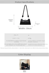 Size chart for black PU leather shoulder bag showing 30cm width and 15cm height details