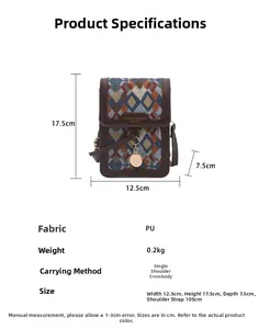 Detail view of vintage geometric patterns and precise dimensions of this stylish crossbody bag