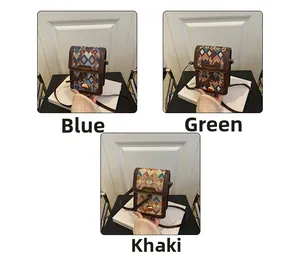 Detail view of woven geometric flap bags in blue, green, and khaki with leather trim